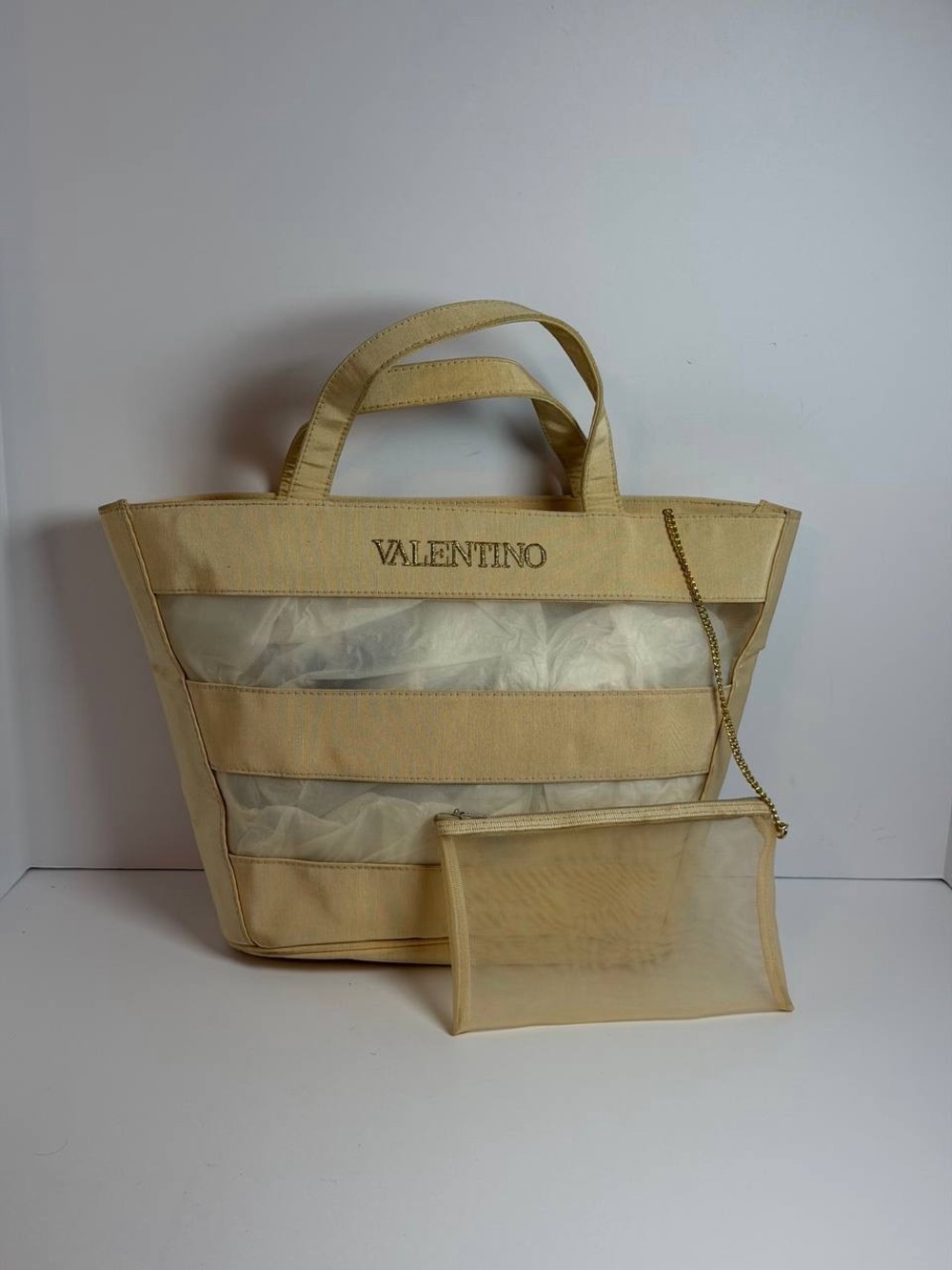 Valentino Les Sacs Canvas Mesh Tote Bag with Matching Pouch